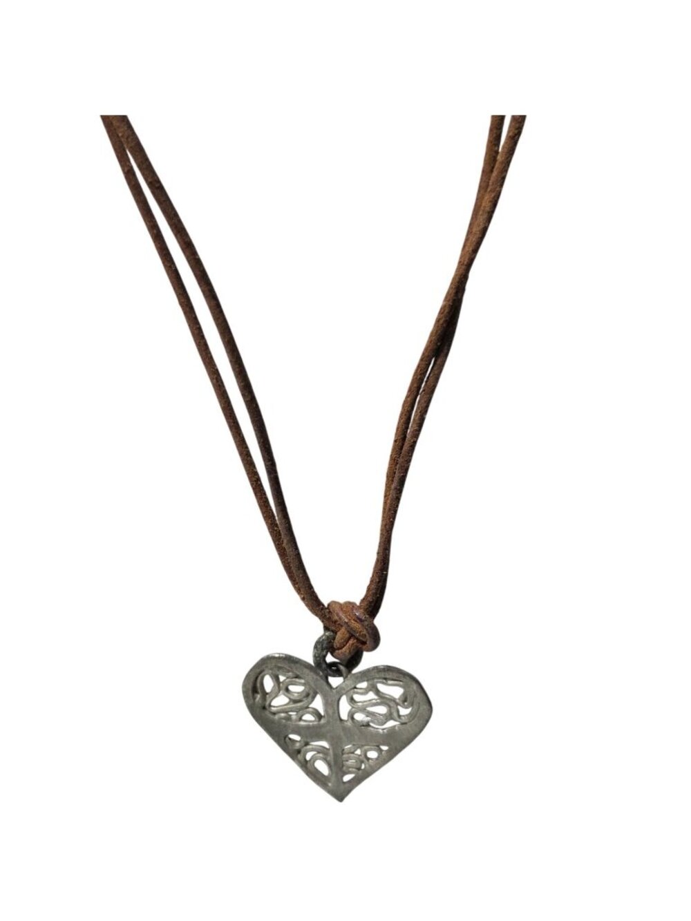 Handcrafted Heart Pendant Necklace Brown Suede Cord Rustic Metal Design Jewelry